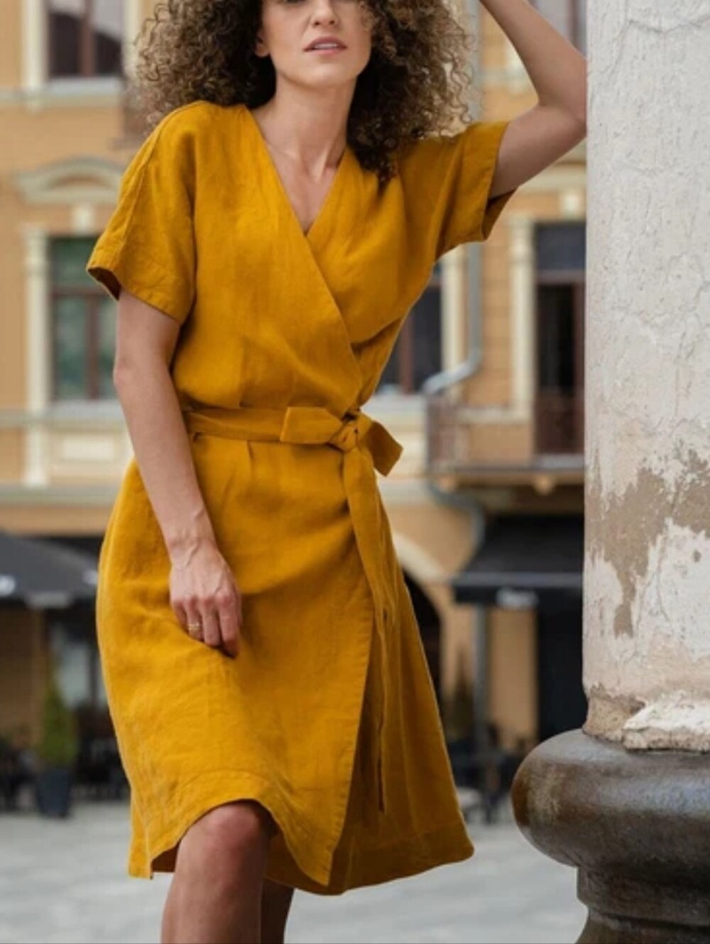 Menique Organic Linen Kimono Style Wrap Dress Eliana Spicy Yellow Lagenlook Sz S